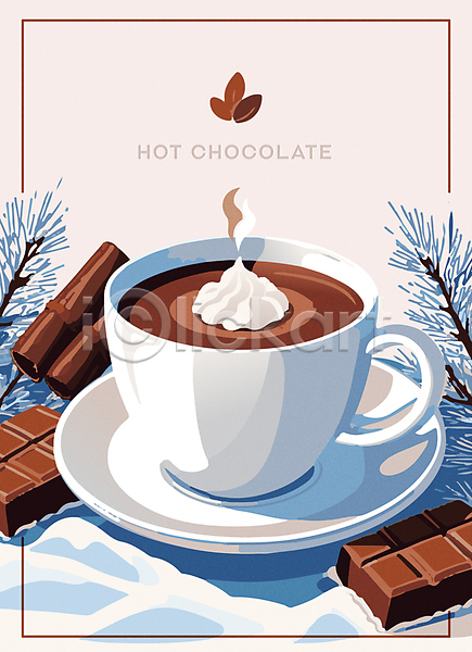 달콤 따뜻함 사람없음 AI(파일형식) 일러스트 겨울 눈(날씨) 디저트 솔잎 수증기 연기 초콜릿 카페 커피잔 코코아 크림 포스터