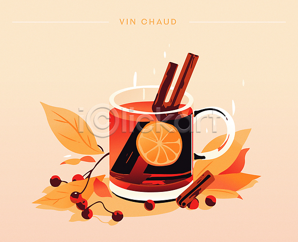 달콤 따뜻함 사람없음 AI(파일형식) 일러스트 겨울 나뭇잎 디저트 뱅쇼 시나몬 시나몬스틱 열매 오렌지 와인 잔 주황색 카페 포스터