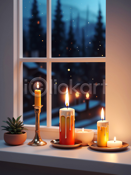 사람없음 JPG 디지털합성 편집이미지 겨울 눈(날씨) 실내 창가 창문 초 촛대 촛불 편집소스 풍경(경치) 화분