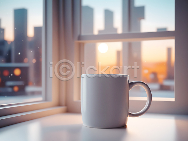 사람없음 JPG 디지털합성 편집이미지 겨울 눈(날씨) 머그컵 블러효과 실내 창가 창문 커피 편집소스 풍경(경치) 햇빛