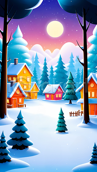 사람없음 JPG 디지털합성 편집이미지 겨울 나무 눈(날씨) 눈덮임 달 마을 설원 숲 주택 편집소스 풍경(경치)