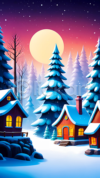 사람없음 JPG 디지털합성 편집이미지 겨울 나무 눈(날씨) 눈덮임 달 마을 밤하늘 설원 숲 주택 편집소스 풍경(경치)