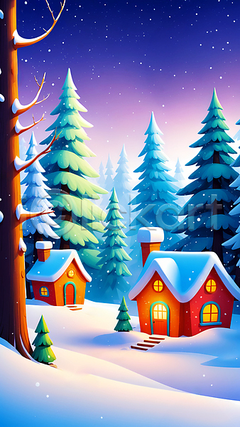 사람없음 JPG 디지털합성 편집이미지 겨울 나무 눈(날씨) 눈덮임 마을 밤하늘 설원 숲 주택 편집소스 풍경(경치)