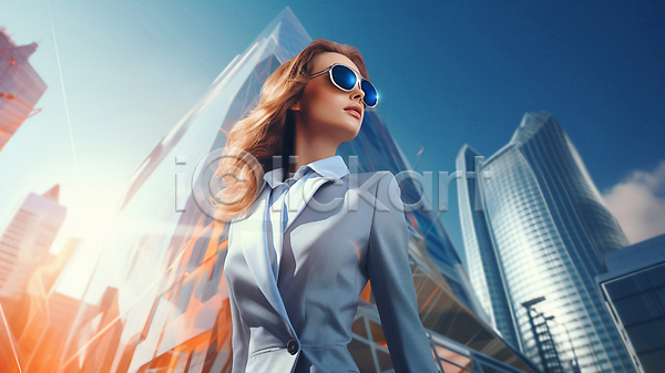 미래 성인 성인여자한명만 여자 한명 JPG 편집이미지 건물 비즈니스우먼 빌딩 빛 상반신 선글라스 정장 하늘