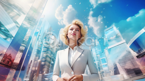 미래 성인 성인여자한명만 여자 한명 JPG 편집이미지 건물 구름(자연) 비즈니스우먼 빛 상반신 정장 하늘