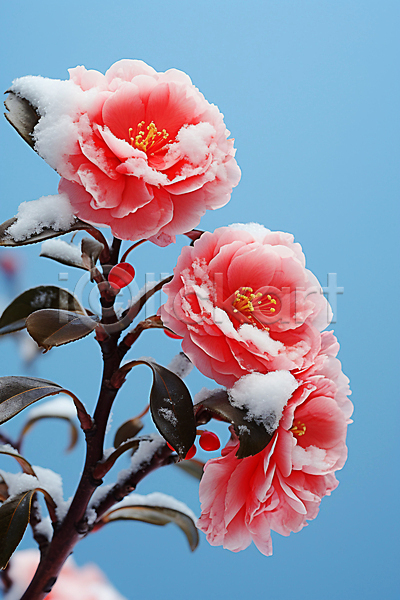 사람없음 JPG 편집이미지 겨울 겨울꽃 나뭇가지 눈(날씨) 동백 잎 하늘