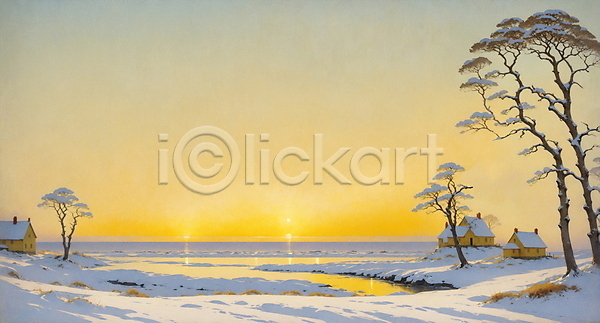 고요 사람없음 JPG 일러스트 겨울 나무 노을 목가 시골 자연 주택 태양 풍경(경치) 하늘 호수