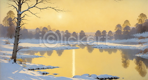 고요 사람없음 JPG 일러스트 겨울 나무 노을 목가 시골 자연 태양 풍경(경치) 하늘 호수