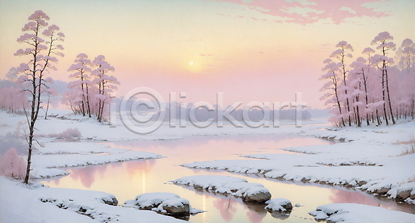 고요 사람없음 JPG 일러스트 겨울 구름(자연) 나무 노을 목가 분홍색 시골 자연 태양 풍경(경치) 하늘 호수