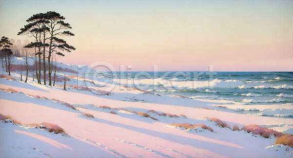 고요 사람없음 JPG 일러스트 겨울 그라데이션 나무 목가 바다 분홍색 시골 자연 풍경(경치) 하늘