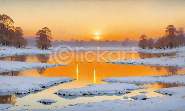 고요 사람없음 JPG 일러스트 겨울 나무 노을 목가 시골 자연 주황색 태양 풍경(경치) 하늘 호수
