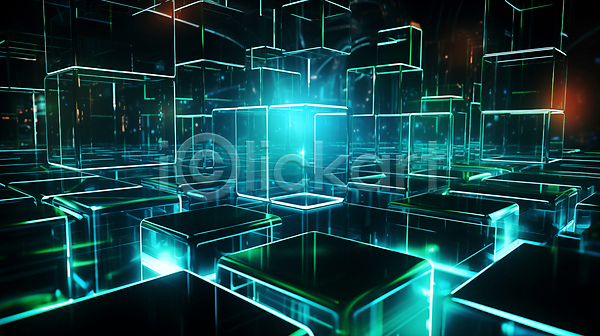 미래 사람없음 JPG 디지털합성 편집이미지 네온 디지털 빛 사각형 선 지오메트릭 초록색 큐브 편집소스
