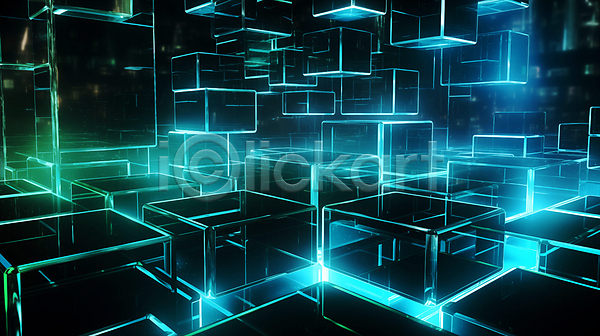 미래 사람없음 JPG 디지털합성 편집이미지 네온 디지털 빛 사각형 선 지오메트릭 초록색 큐브 편집소스