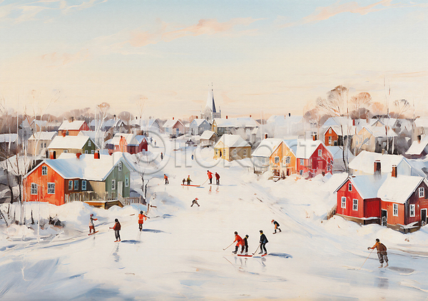 빈티지 여러명 JPG 편집이미지 겨울 눈(날씨) 마을 백그라운드 빙판 스노우보드 스케이트 유화 주택 풍경(경치) 하키 흰색