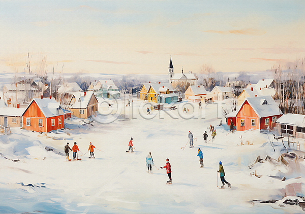 빈티지 여러명 JPG 편집이미지 겨울 눈(날씨) 마을 백그라운드 빙판 스케이트 유화 주택 풍경(경치) 하키 흰색