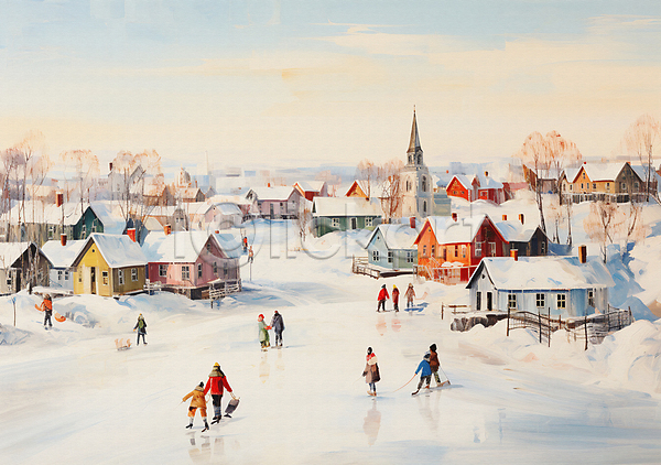 빈티지 여러명 JPG 편집이미지 겨울 눈(날씨) 마을 백그라운드 빙판 설원 스케이트 유화 주택 풍경(경치) 흰색