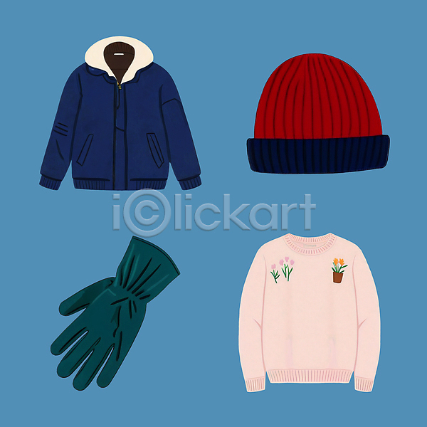 따뜻함 사람없음 PSD 일러스트 겨울 겨울옷 니트 모자(잡화) 스웨터 오브젝트 장갑 재킷 점퍼 컬러풀 파란배경 패션