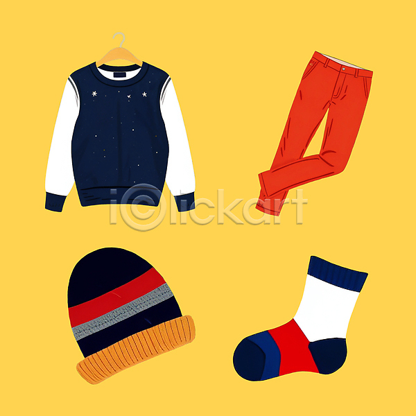 따뜻함 사람없음 PSD 일러스트 겨울 겨울옷 노란배경 니트 모자(잡화) 바지 스웨터 양말 오브젝트 컬러풀 패션