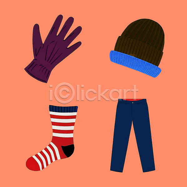 따뜻함 사람없음 PSD 일러스트 겨울 겨울옷 모자(잡화) 바지 분홍색배경 양말 오브젝트 장갑 줄무늬 컬러풀 패션