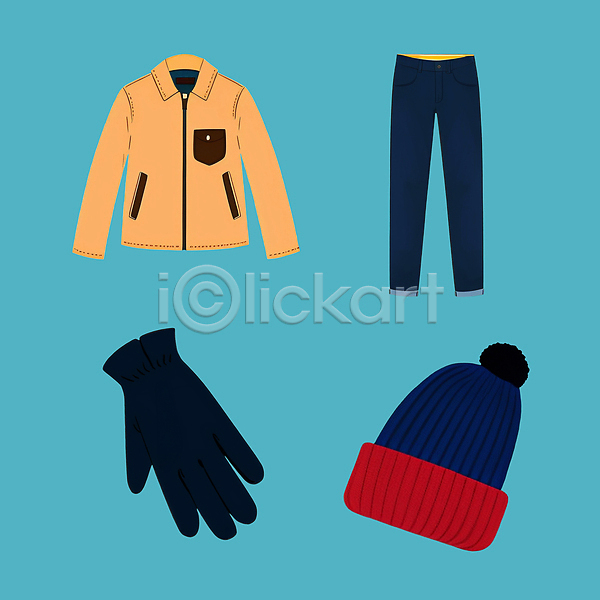 따뜻함 사람없음 PSD 일러스트 겨울 겨울옷 모자(잡화) 바지 오브젝트 장갑 재킷 점퍼 컬러풀 파란배경 패션