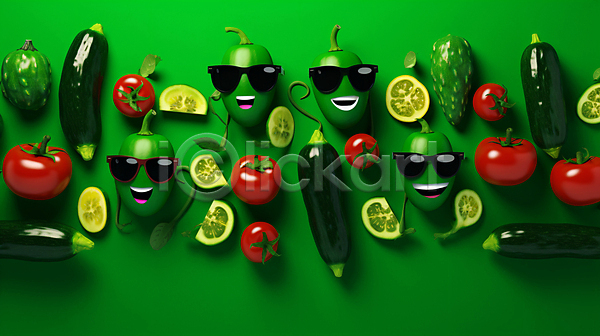 신선 사람없음 JPG 편집이미지 가지 선글라스 의인화 채소 채소캐릭터 초록색 캐릭터 토마토