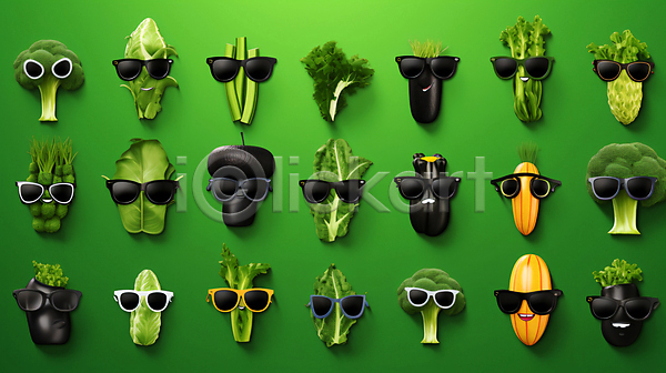 신선 사람없음 JPG 편집이미지 선글라스 의인화 일렬 채소 채소캐릭터 초록색 캐릭터