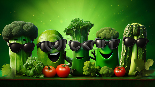 신선 사람없음 JPG 편집이미지 브로콜리 선글라스 의인화 채소 채소캐릭터 초록색 캐릭터 토마토