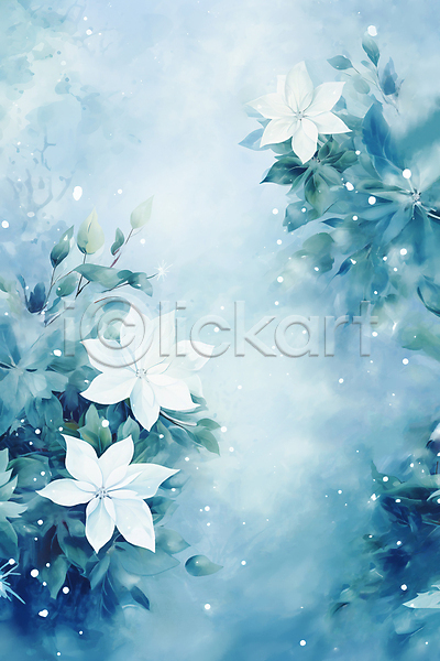 사람없음 JPG 일러스트 겨울 꽃나무 눈(날씨) 눈꽃 백그라운드 수채화(물감) 파란색