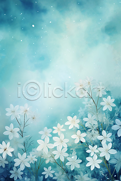 사람없음 JPG 일러스트 겨울 꽃나무 눈(날씨) 눈꽃 백그라운드 수채화(물감) 잎 파란색