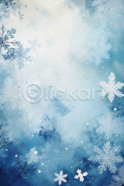 사람없음 JPG 일러스트 겨울 나뭇가지 눈(날씨) 눈꽃 눈송이 백그라운드 수채화(물감) 파란색