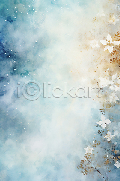 사람없음 JPG 일러스트 겨울 꽃 나뭇가지 눈(날씨) 백그라운드 수채화(물감) 잎 파란색