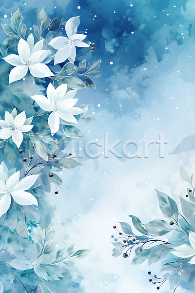 사람없음 JPG 일러스트 겨울 꽃나무 눈(날씨) 눈꽃 백그라운드 수채화(물감) 잎 파란색 포인세티아