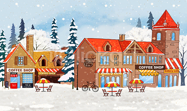 사람없음 PSD 일러스트 가로등 건물 겨울풍경 나무 눈내림 눈덮임 마을 야외테이블 자전거 카페 카페거리 파라솔