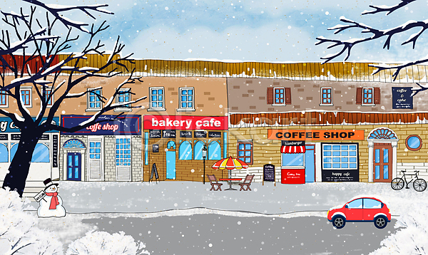 사람없음 PSD 일러스트 간판 건물 겨울풍경 나무 눈내림 눈덮임 눈사람 도로 마을 야외테이블 자동차 자전거 카페 카페거리 파라솔