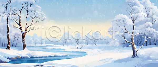 사람없음 JPG 일러스트 강 겨울 겨울배경 나무 눈(날씨) 눈덮임 백그라운드 설원 숲 자연 풍경(경치) 하늘 하늘색