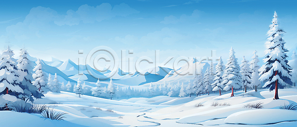 사람없음 JPG 일러스트 겨울 겨울배경 나무 눈(날씨) 눈덮임 백그라운드 설산 설원 숲 언덕 자연 풍경(경치) 하늘 하늘색