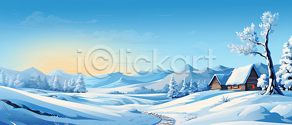사람없음 JPG 일러스트 건물 겨울 겨울배경 기찻길 나무 눈(날씨) 눈덮임 맑음 백그라운드 설산 설원 숲 언덕 오두막 자연 풍경(경치) 하늘 하늘색