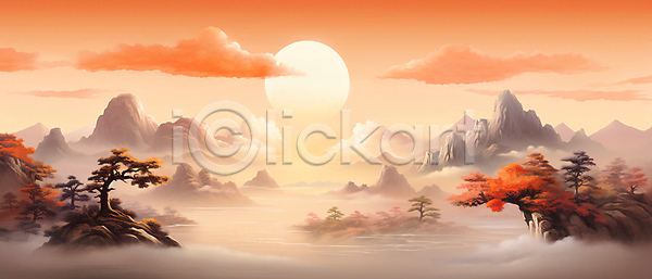 사람없음 JPG 일러스트 강 구름(자연) 나무 돌산 백그라운드 산맥 새해 일출 자연 절벽 주황색 태양 풍경(경치) 하늘