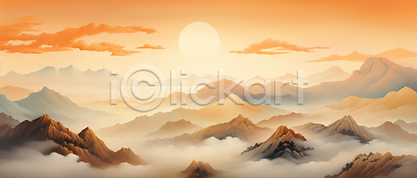 사람없음 JPG 일러스트 강 구름(자연) 돌산 백그라운드 산맥 새해 안개 일출 자연 주황색 태양 풍경(경치) 하늘