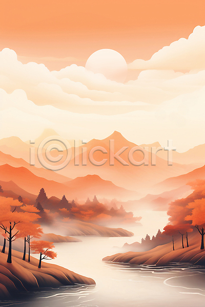 사람없음 JPG 일러스트 강 구름(자연) 나무 돌산 백그라운드 산맥 새해 일출 자연 주황색 태양 풍경(경치) 하늘