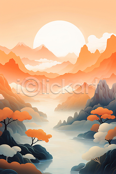 사람없음 JPG 일러스트 강 구름(자연) 나무 돌산 백그라운드 산맥 새해 안개 일출 자연 주황색 태양 풍경(경치) 하늘