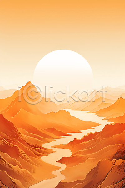 사람없음 JPG 일러스트 골짜기 구름(자연) 돌산 백그라운드 산맥 새해 일출 자연 주황색 태양 풍경(경치) 하늘
