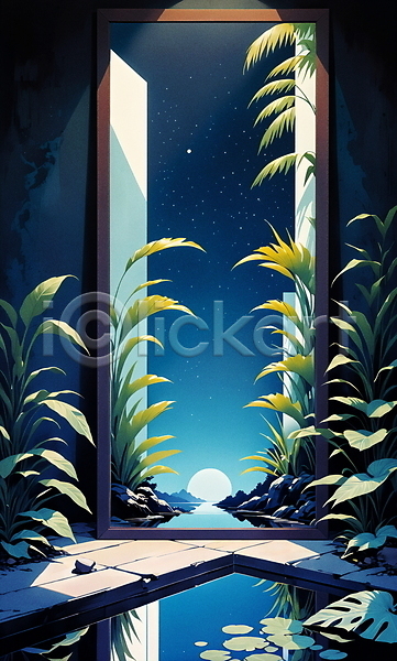 사람없음 JPG 일러스트 거울 나뭇잎 반사 밤하늘 인테리어 자연 트로피컬아트 판타지 풀(식물) 풍경(경치)