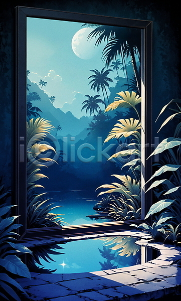 사람없음 JPG 일러스트 거울 나무 나뭇잎 반사 산 웅덩이 인테리어 자연 태양 트로피컬아트 파란색 판타지 풀(식물) 풍경(경치)