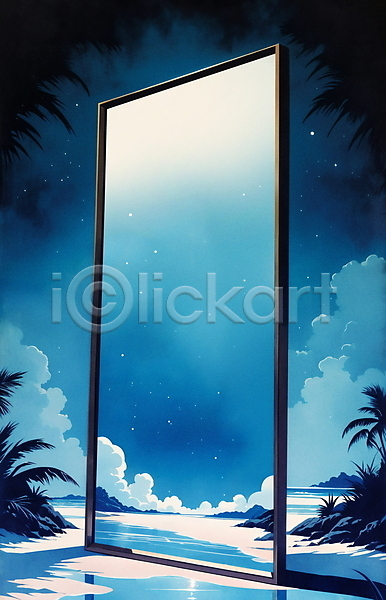 사람없음 JPG 일러스트 거울 구름(자연) 나뭇잎 바다 반사 밤하늘 별 인테리어 자연 트로피컬아트 파란색 판타지 풍경(경치)