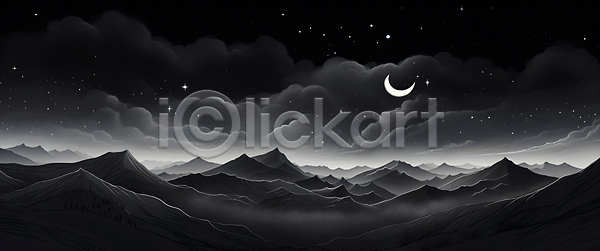 사람없음 JPG 편집이미지 흑백 검은색 구름(자연) 달 반짝임 밤하늘 백그라운드 별 산 야간 자연
