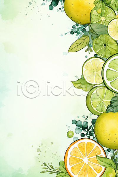 사람없음 JPG 일러스트 나뭇잎 라임 레몬 백그라운드 수채화(물감) 자몽 초록색 카피스페이스