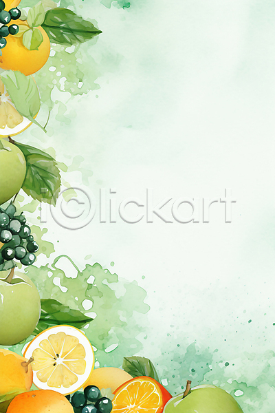 사람없음 JPG 일러스트 나뭇잎 라임 레몬 배(과일) 백그라운드 수채화(물감) 오렌지 자몽 청포도 초록색 카피스페이스