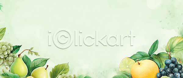 사람없음 JPG 일러스트 나뭇잎 라임 배(과일) 백그라운드 수채화(물감) 청포도 초록색 카피스페이스