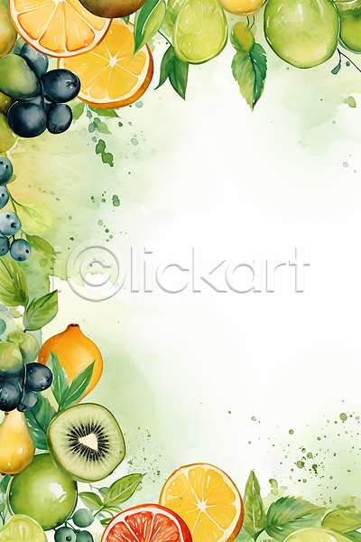 사람없음 JPG 일러스트 나뭇잎 라임 레몬 백그라운드 수채화(물감) 오렌지 자몽 초록색 카피스페이스 키위 포도
